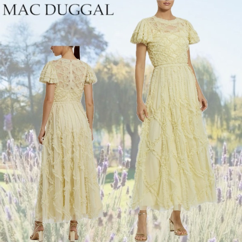 【Mac Duggal】ソリッドメッシュドットマイクロフリルハイネック