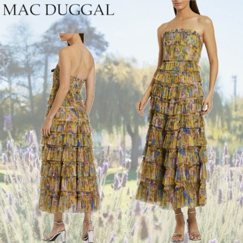 【Mac Duggal】ラッフルメッシュストラップレスアンクルドレス