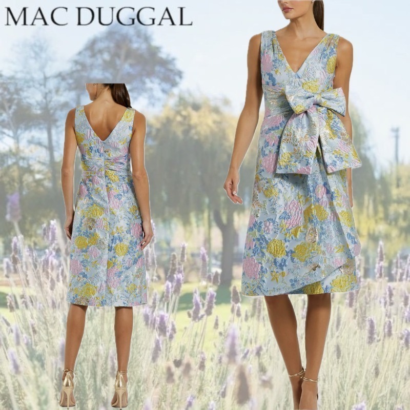 【Mac Duggal】リボン付フローラルブロケードノースリーブミディ
