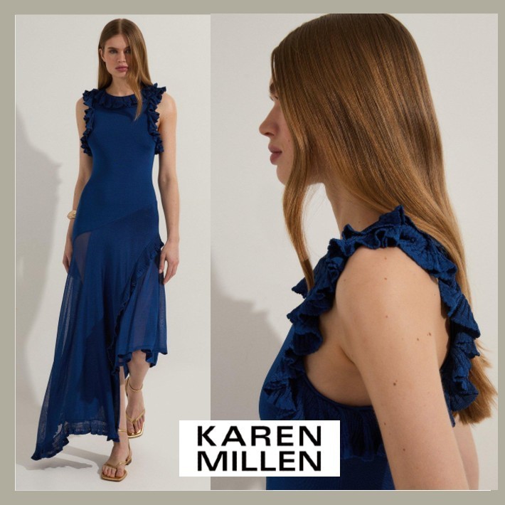Karen Millen ラッフル トリム フェミニン ブルー ドレス