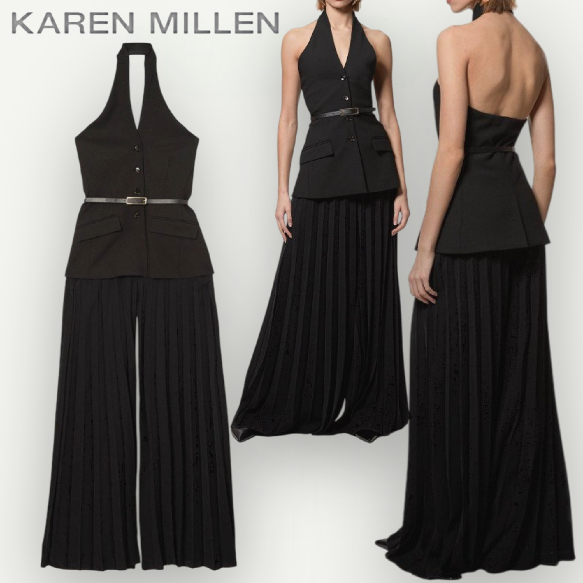 【KAREN MILLEN】ホルターネック プリーツ ワイドジャンプスーツ