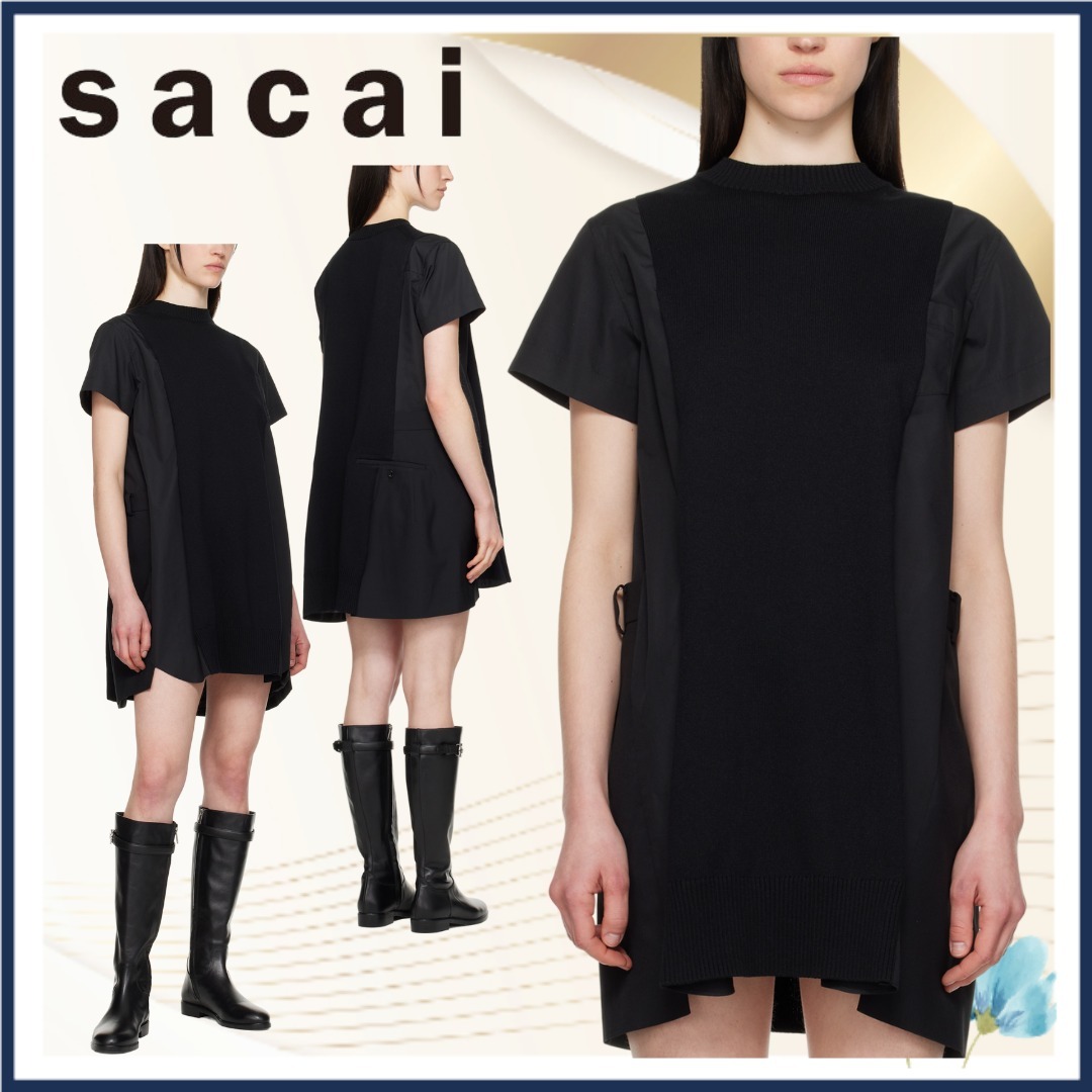【sacai】ブラック Poplin & Knit ミニワンピース