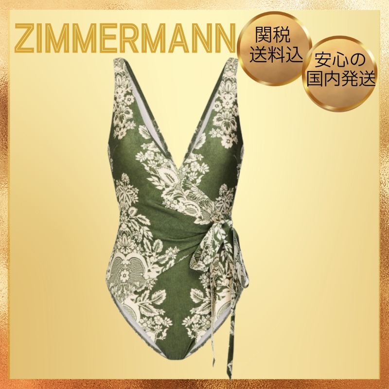 ★Zimmermann★ 花柄 リボン付き ワンピース水着 Army Green