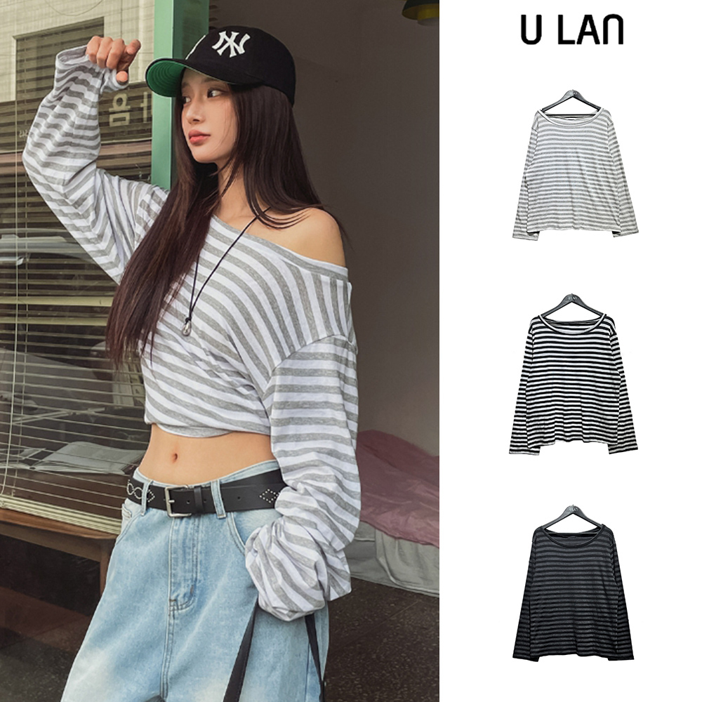 【U LAN】Dewey stripe off-shoulder long sleeves