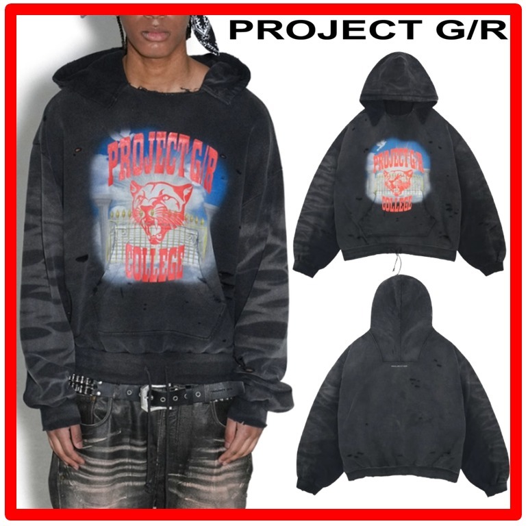 ★人気【Project G/R】★Mixed Printed Vintage Hoodie★Black★