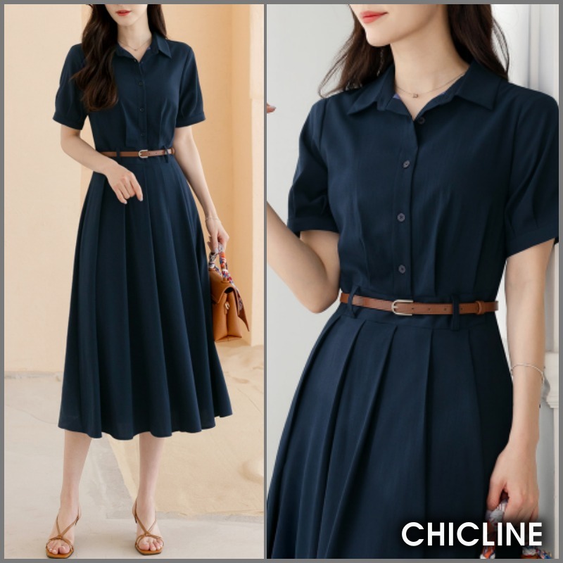 ★ChicLine★ ダモエ シャツピンタックプリーツベルトワンピース