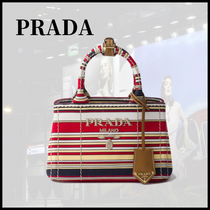 ■PRADA プラダ ストライプ コットン キャンバス ミニバッグ