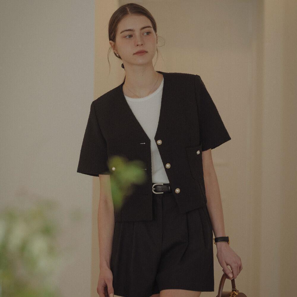 ジャケット TILL I DIE Collarless pearl button summer tweed jacket_Black