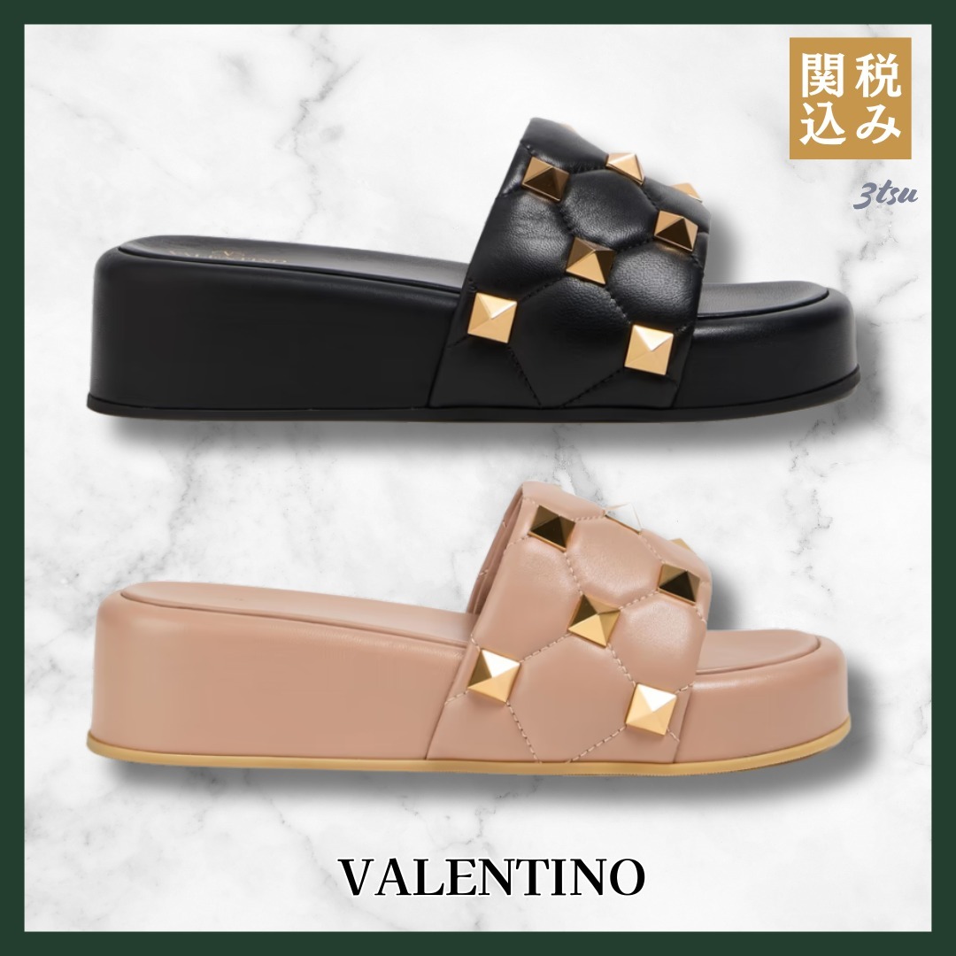 VALENTINO★Roman Stud レザー スライドサンダル キルティング