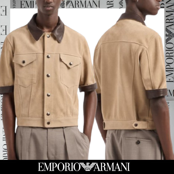 EMPORIO ARMANI▼バイカラー レザー ショートスリーブジャケット