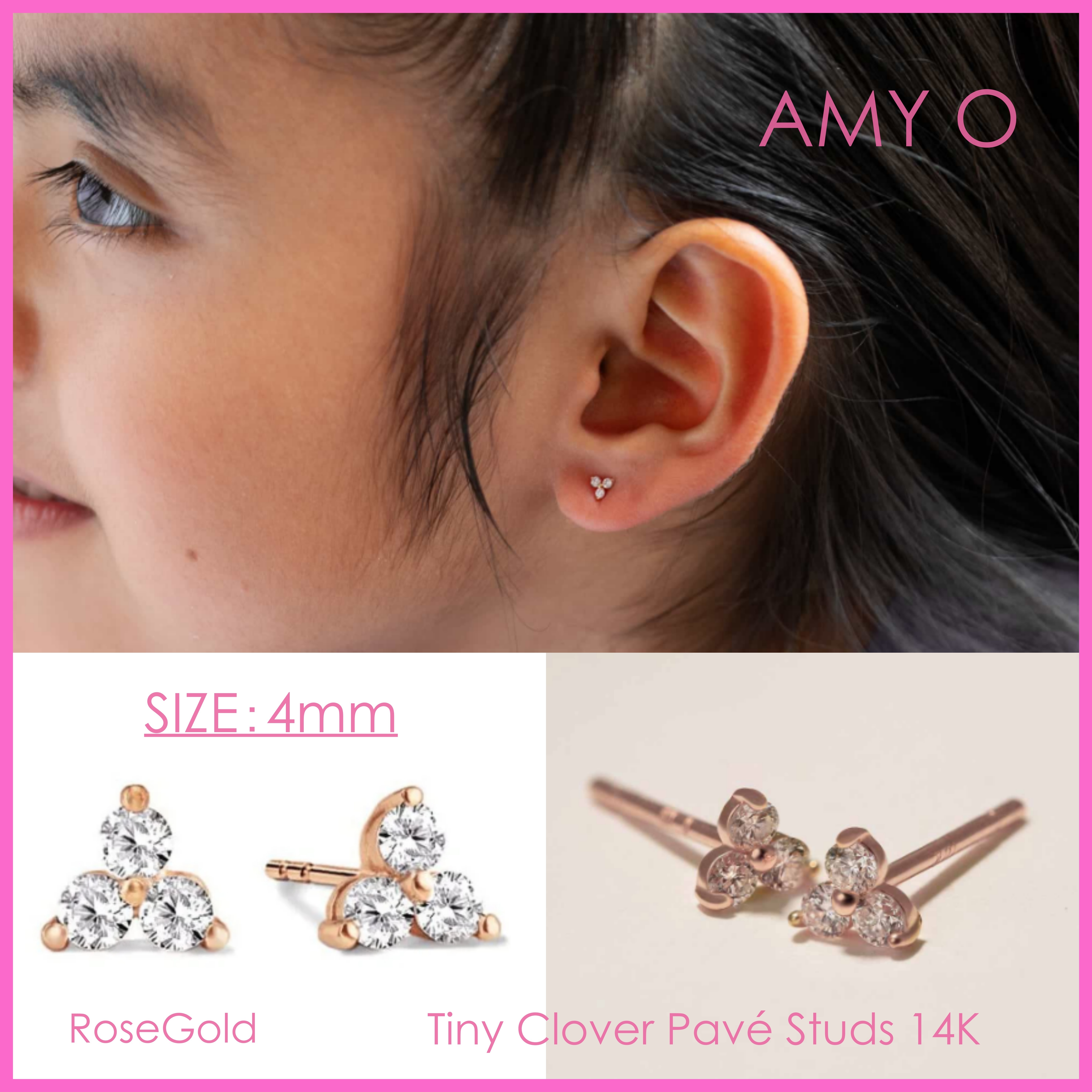 送税込【AMY O】Tiny Clover Pave Studs 14K Rose Gold 4mm 国発