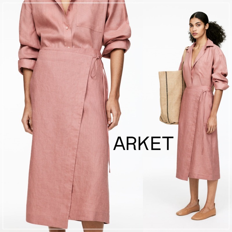 【ARKET】やわらか色リネンラップスカート ダスティピンク