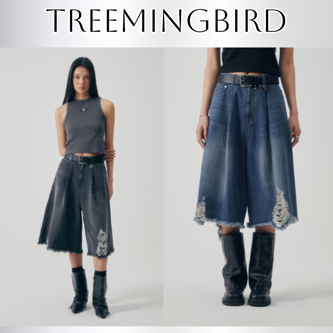 [TREEMINGBIRD] ★ Distressed Square Denim Set-up Shorts