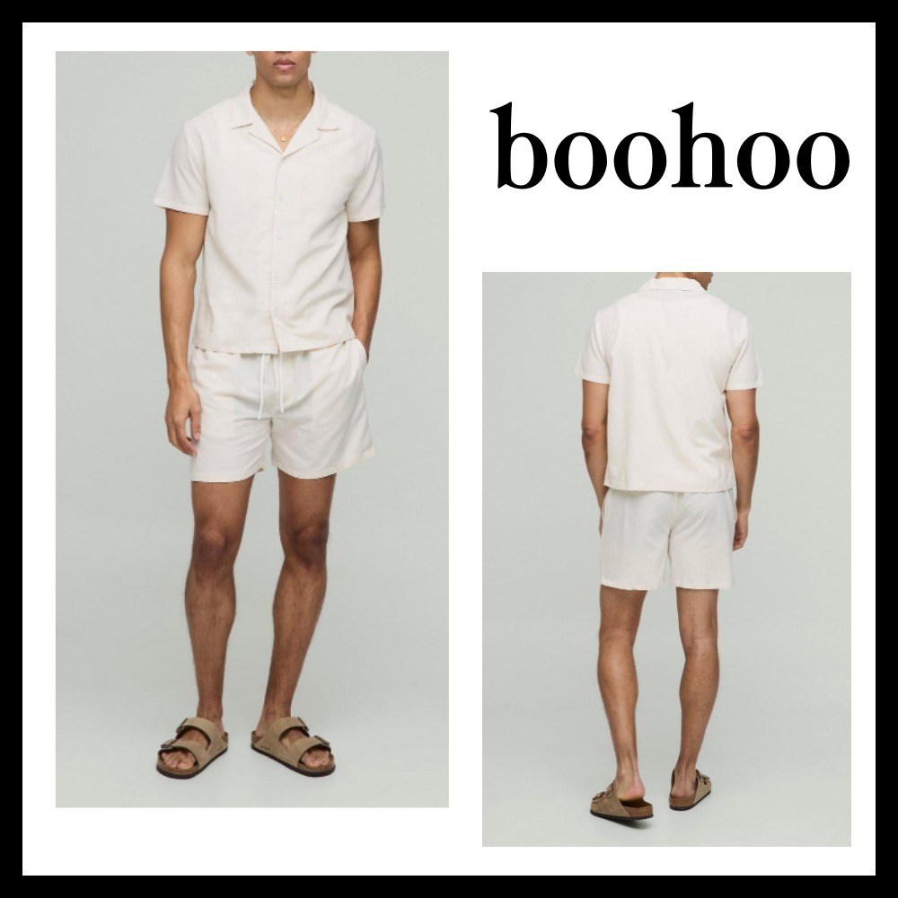 ◆boohoo◆半袖 ボックスリネンブレンドシャツ＆ショートパンツ