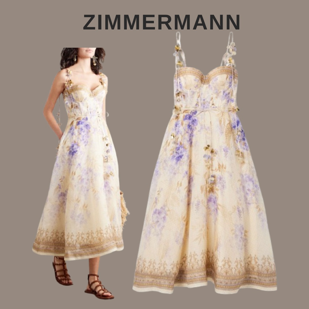 ZIMMERMANN リネン＆シルク混 ミディ丈ワンピース【関税なし】