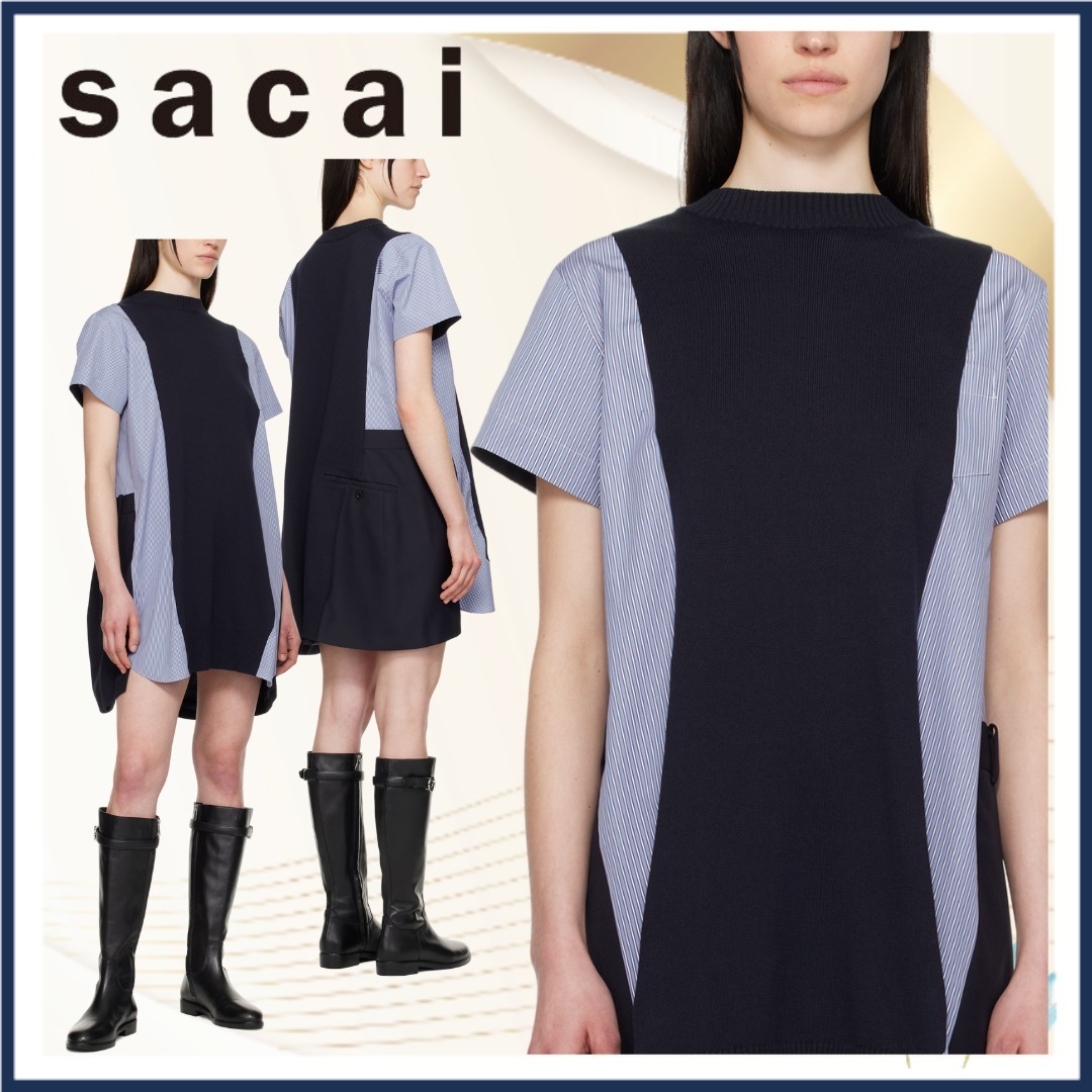 【sacai】ネイビー Poplin & Knit ミニワンピース