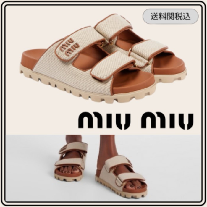 国内発送【Miu Miu】キャンバス サンダル ロゴ Naturale Brandy