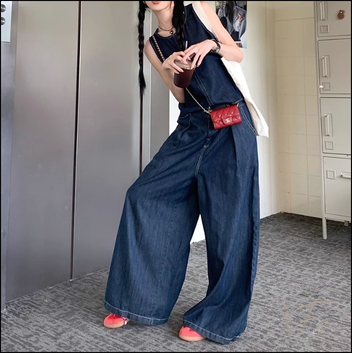 デニム 2点セットアップ キャミソール ワイドパンツ 薄手