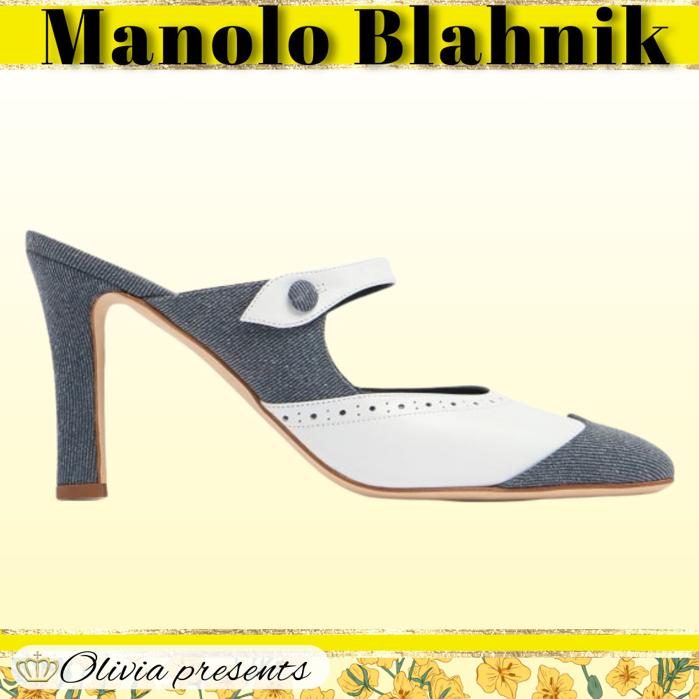 Manolo Blahnik>>アガサヌ デニム＆レザーミュール 90mm
