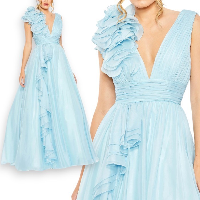 [Mac Duggal] エレガントなフリルショルダー シフォン ドレス