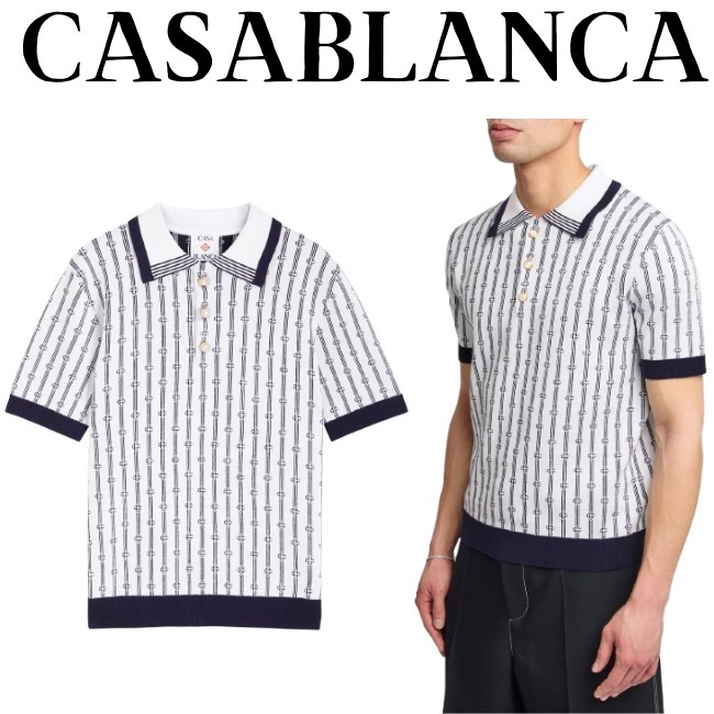 【CASABLANCA】ロゴ入りインターシャコットン混ポロシャツ
