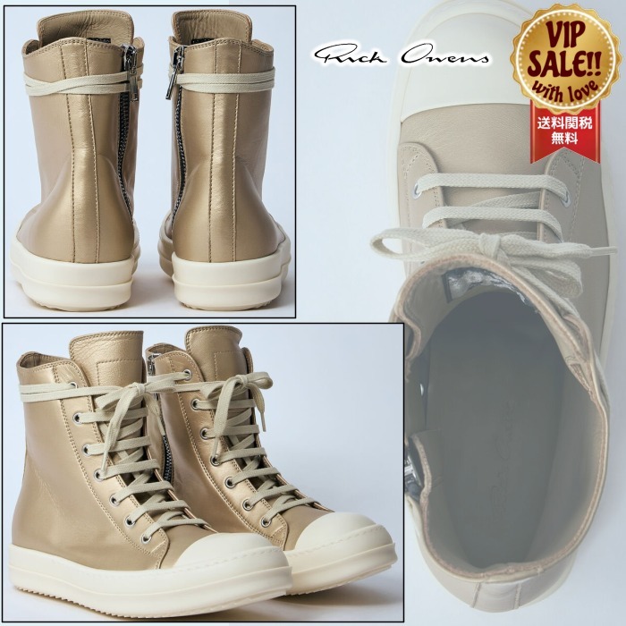 【RICK OWENS】 ハイトップレザースニーカー ゴールド