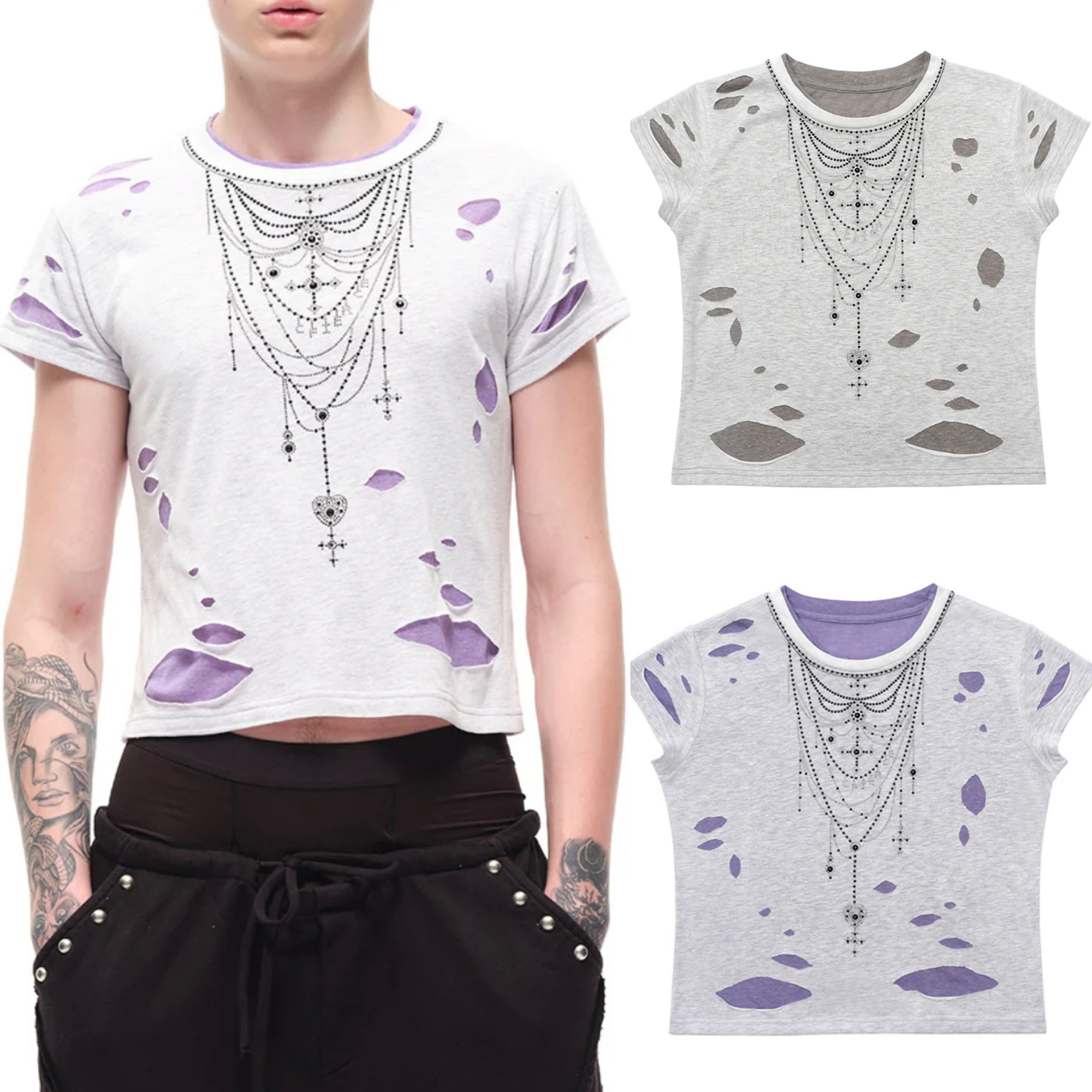 国内で当店のみ CFIERCE - RHINESTONE NECKLACE RIPPED T-SHIRT