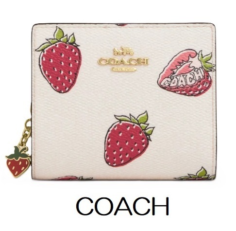 安心国内発送 COACH STRAWBERRY PRINT 二つ折り財布 ミニ財布