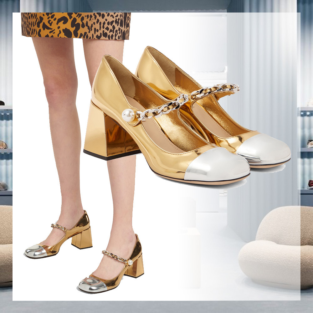 MiuMiu メタリックレザー メリージェーン パンプス 光沢 靴