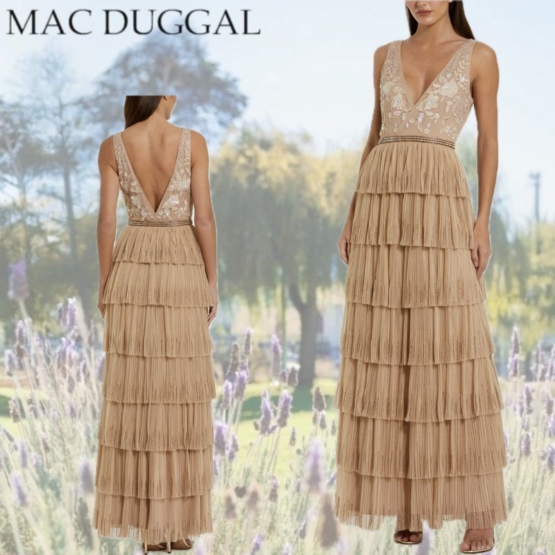 【Mac Duggal】ビーズメッシュVネックガウンティアードフリル付