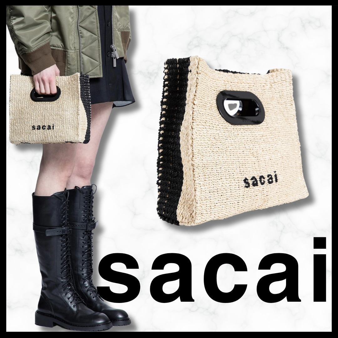 sacai■ロゴ入り ラフィア×レザー バイカラーショルダーバッグ