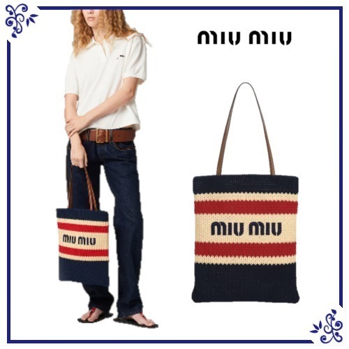 トートバッグ MIU MIU 25SS NATURAL BLUE STRIPE RAFIA SHOPPER BAG