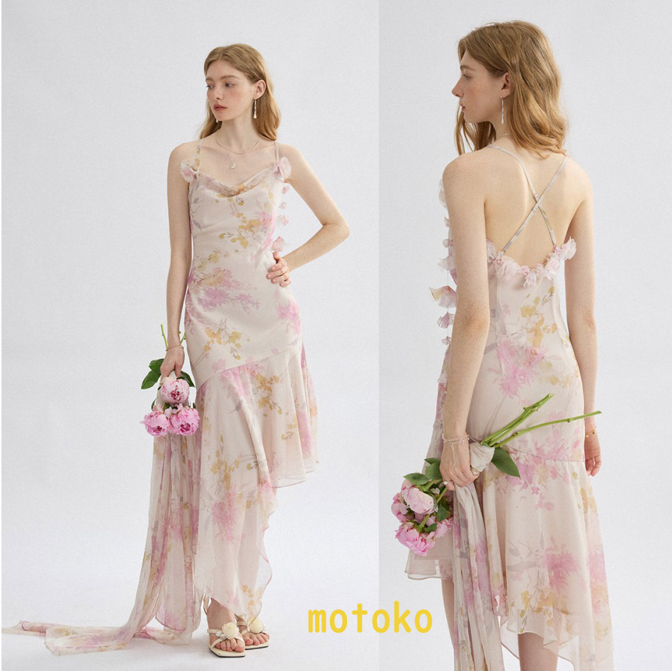 SinceThen レトロ 花 ハイエンド ロング ノースリーブ ドレス