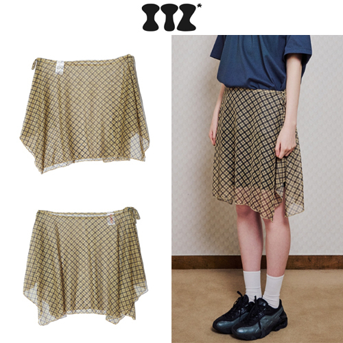 ★2025SS新作★ITZAVIBE★YELLOW CHECK LAYERED WRAP MIDI SKIRT