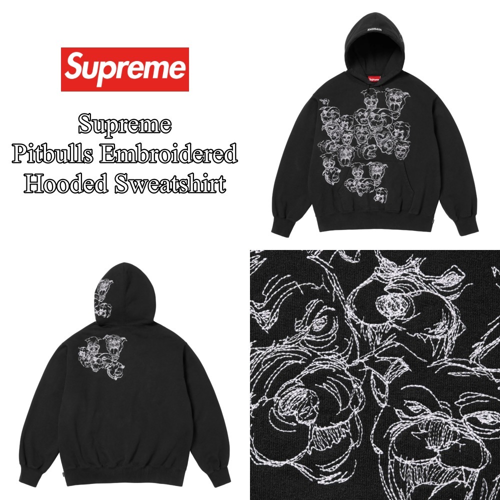 【Supreme】Pitbulls Embroidered Hooded Sweatshirt Black 25SS