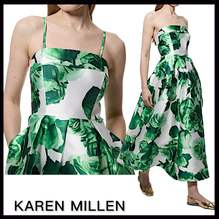 【Karen Millen】ローズ ツイル ストラップ付 ドレス グリーン