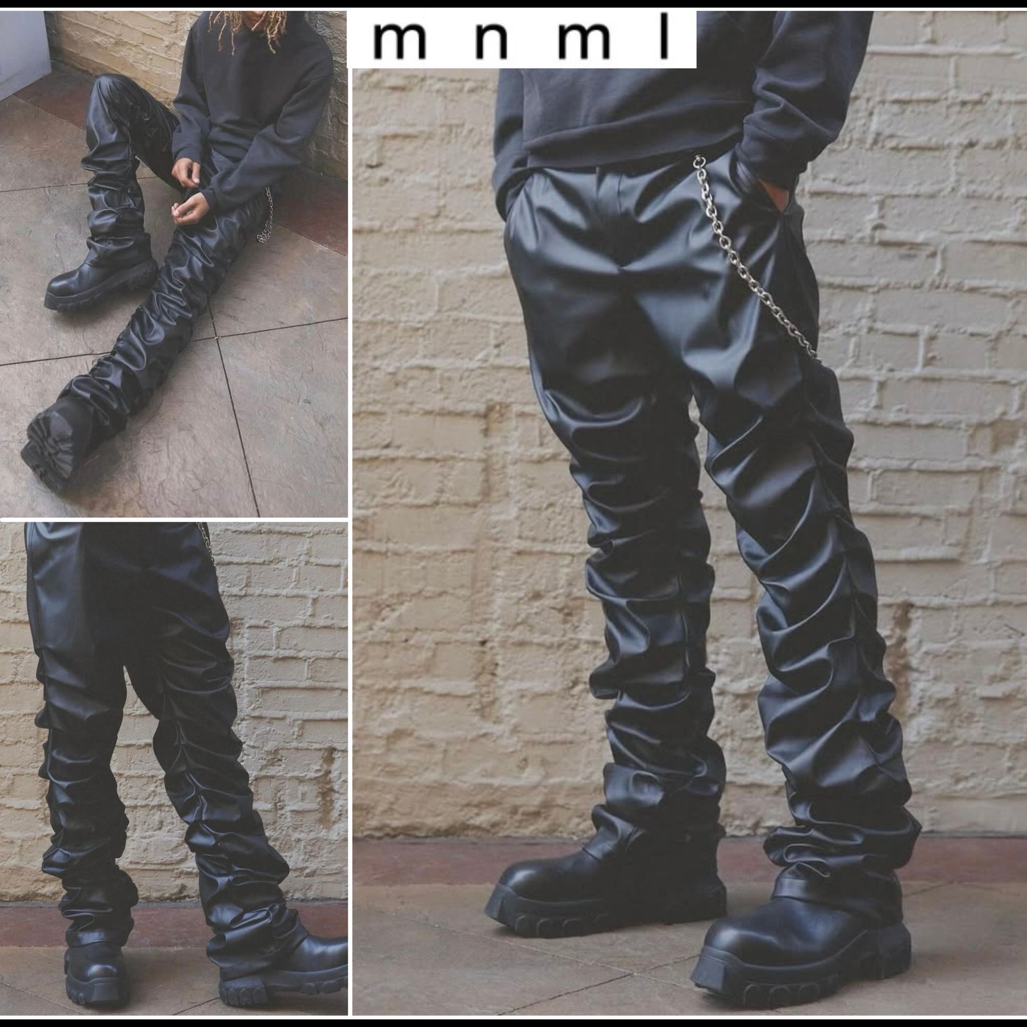 ★MNML★ 大人気 スタック レザー パンツ BLACK