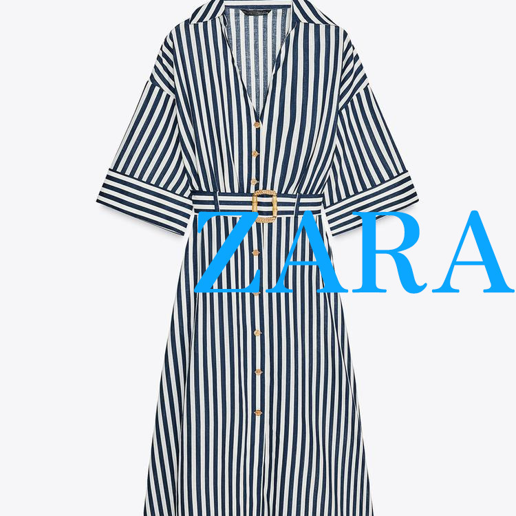 【ZARA】リネンストライプ柄ミディ丈ワンピース 3657/667/044