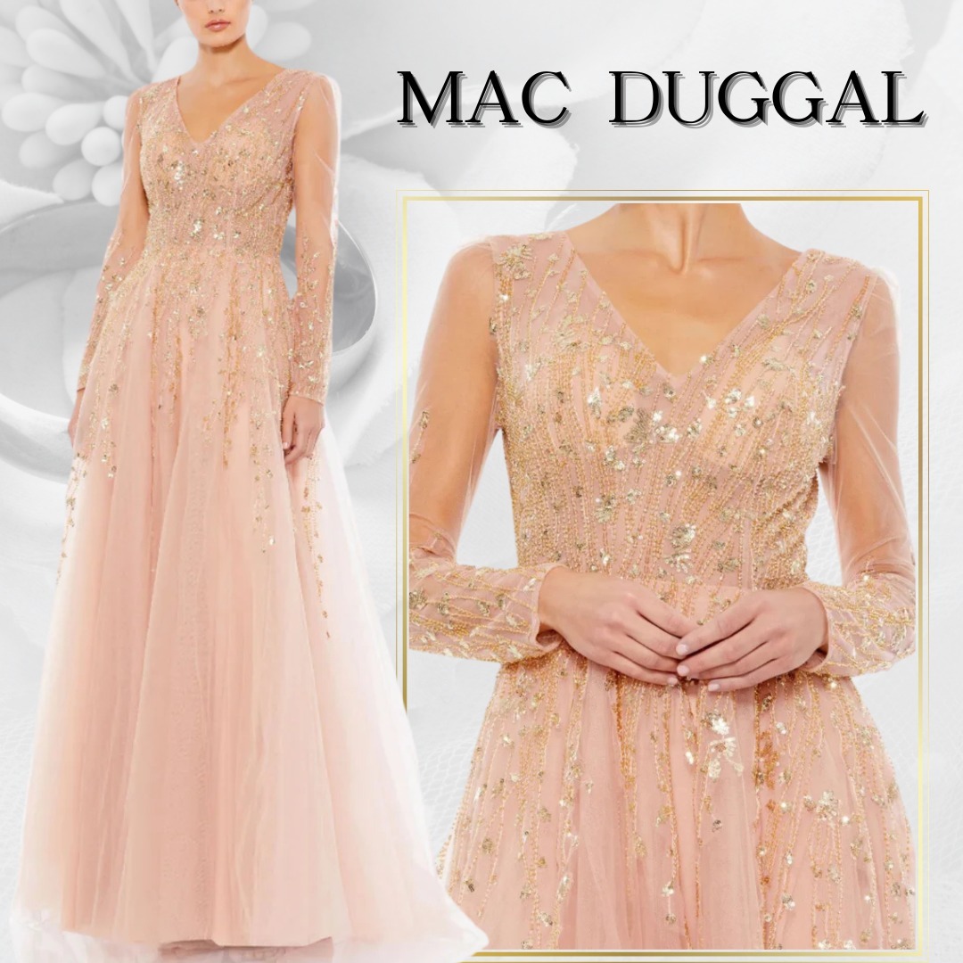 【MAC DUGGAL】ロングドレス ピンク Vネック Aライン 長袖