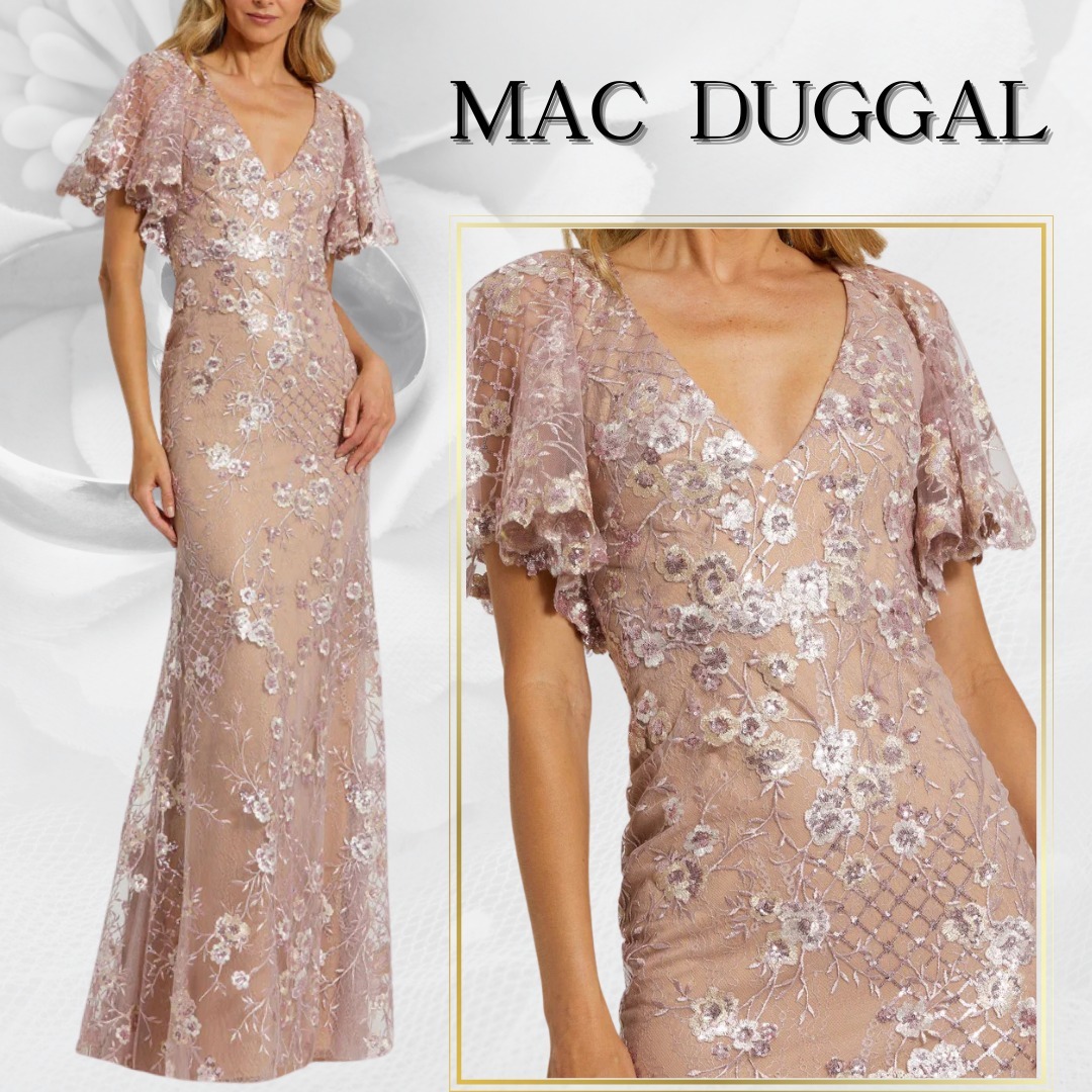 【MAC DUGGAL】ロングドレス ピンク Vネック 花柄 半袖 レース
