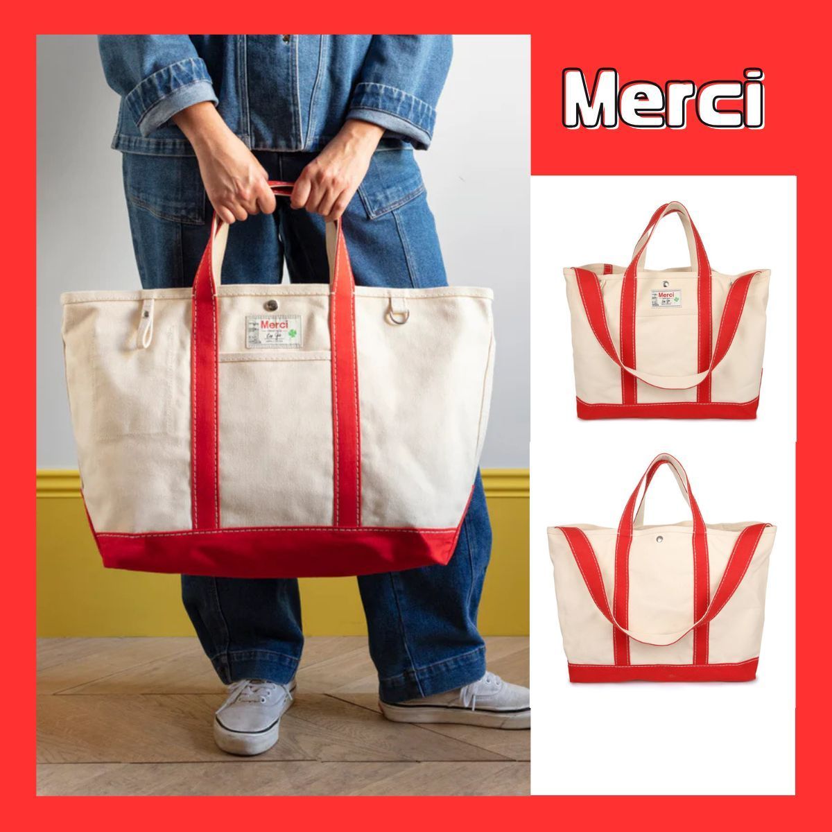 Merci キャンバストートバッグ レッド M サイズ