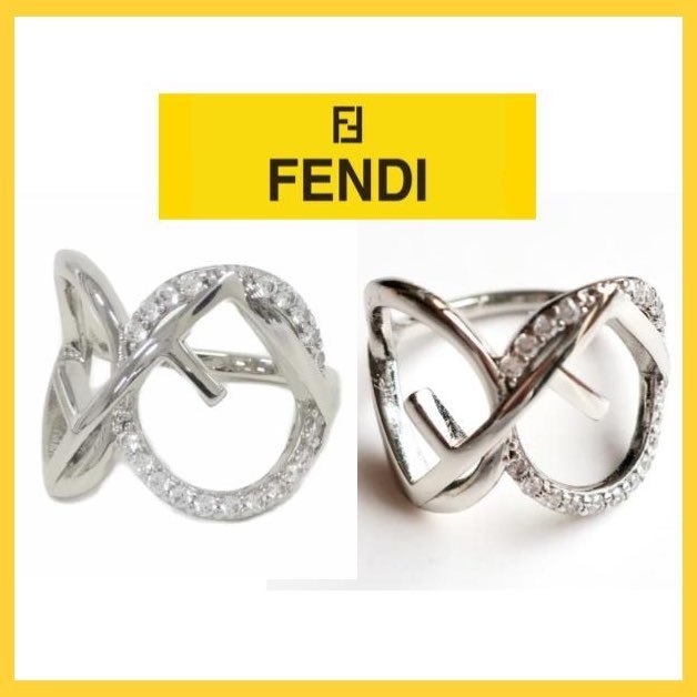 即発 FENDI フェンディ リング 指輪 シルバー M クリスタル ロゴ