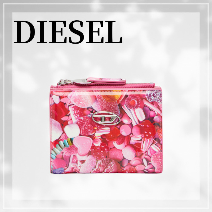 DIESEL☆ Small wallet in printed glossy PU ピンク×ホワイト