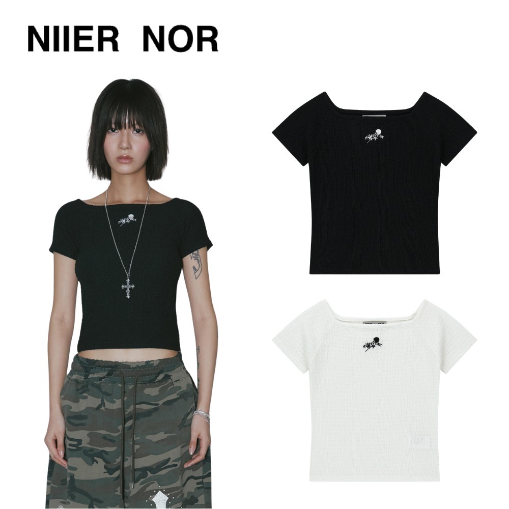 ★NIIER NOR★ WRINKLE OFF SHOULDER CROP TOP