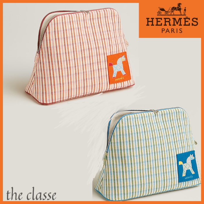 【気分明るく☆】可愛らしい刺繍とチェック柄♪ HERMES ポーチ