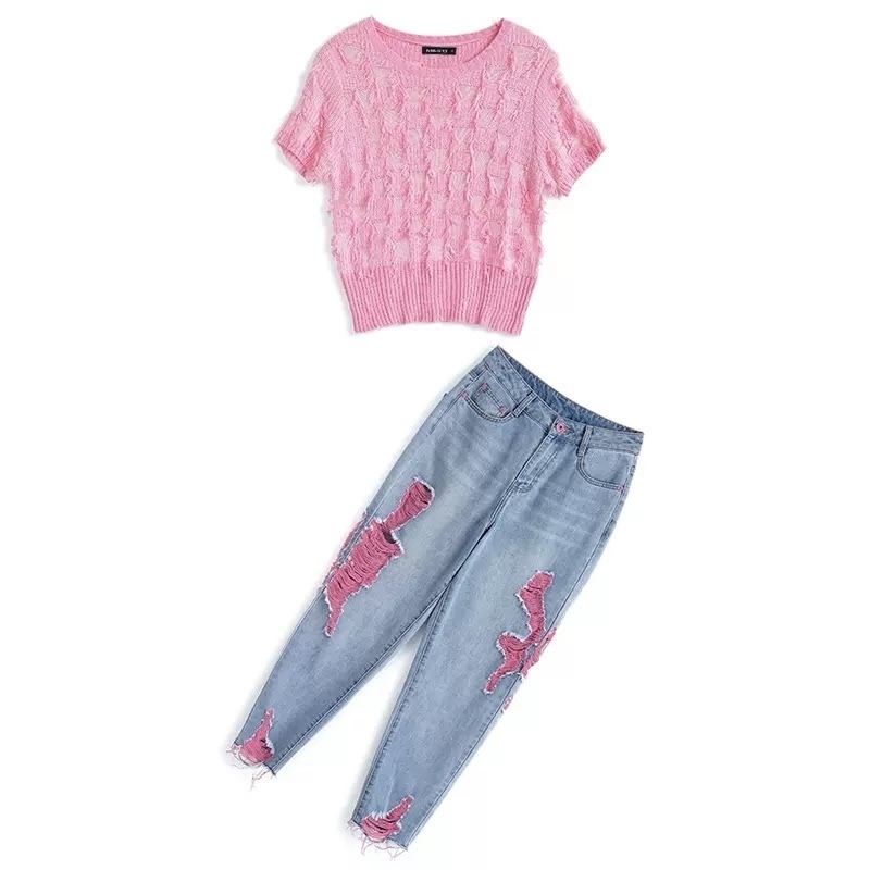 デニム ダメージ セットアップ トップス＆パンツ XS-3XL