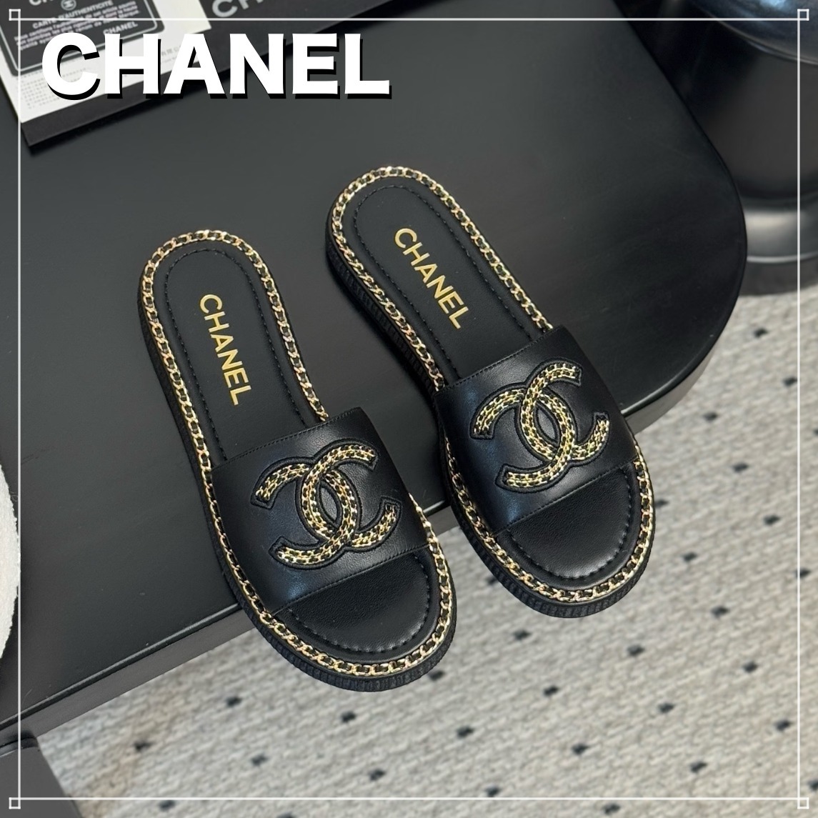 CHANEL サンダル CCマーク CCロゴ ココマーク チェーン 黒 人気