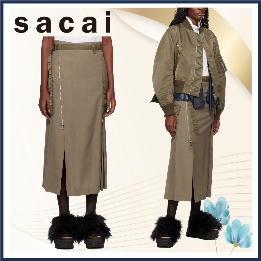 【sacai】カーキ Suiting & Nylon Twill ミディアムスカート
