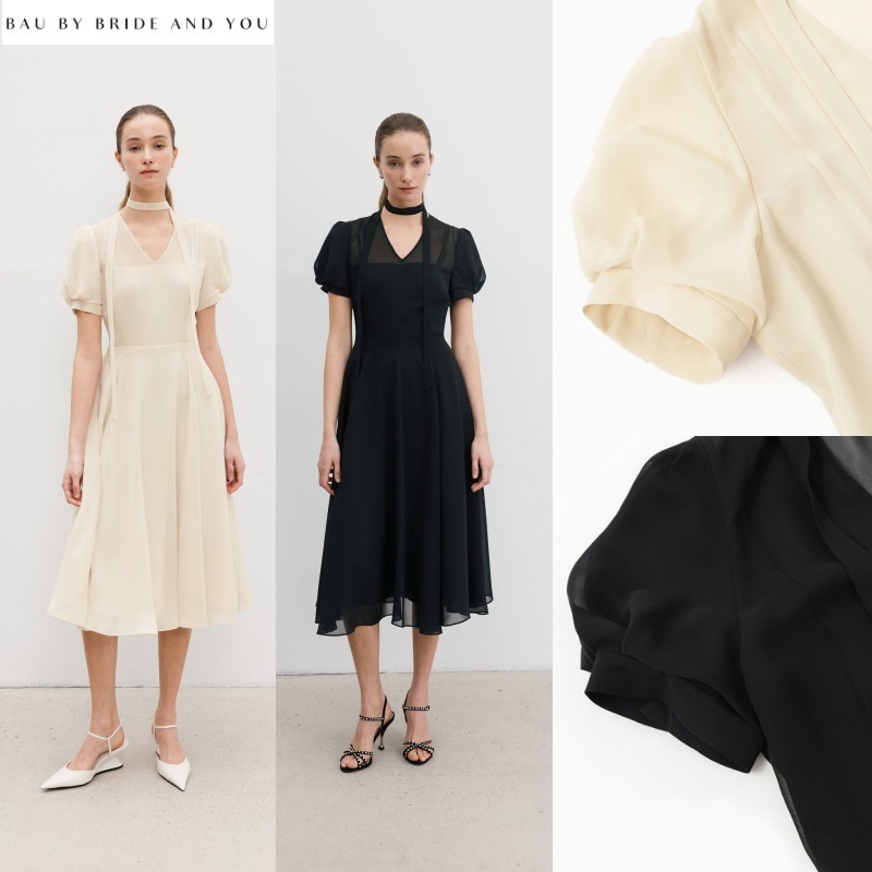 BAU by Bride And You★ V-neck ribbon tie chiffon dress ★2色