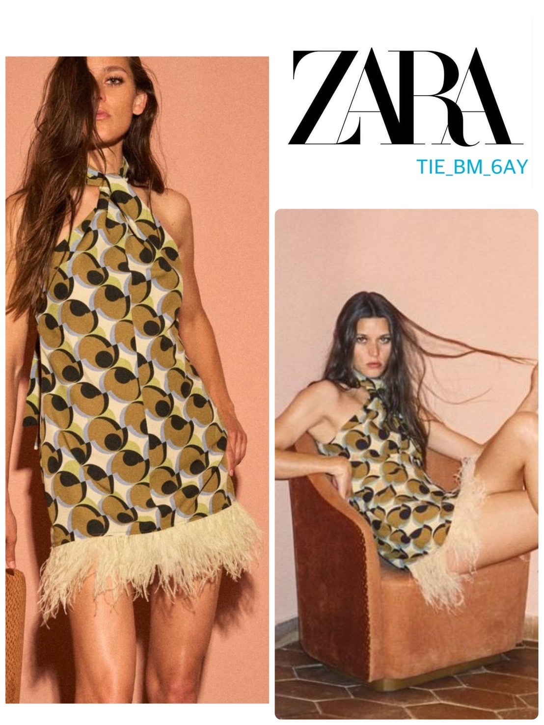 スペイン発送 ZARA 幾何学模様の羽根プリントミニドレス 限定！